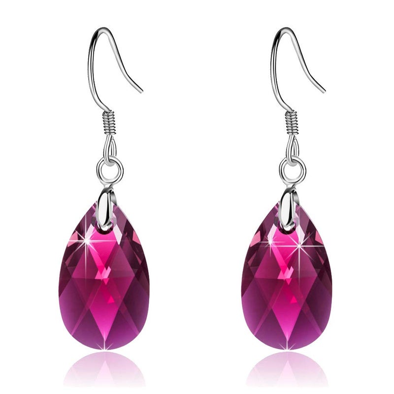 EVEVIC Austrian Crystal Teardrop Dangle Earrings for Women Drop Hook Earring 925 Sterling Silver Hypoallergenic Jewelry (Fuchsia) - Image 1